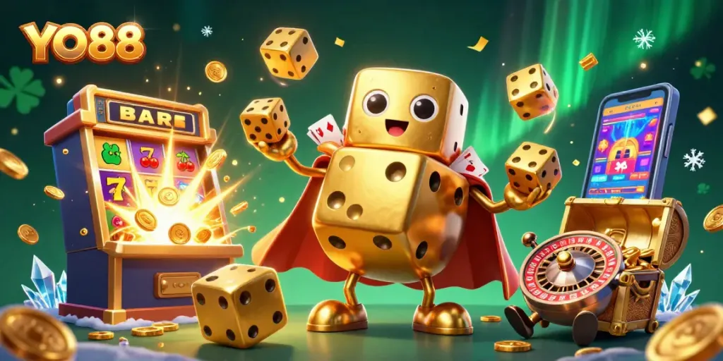 YO88 features an energetic 3D illustration of gambling elements with a golden dice golem and slot machine.