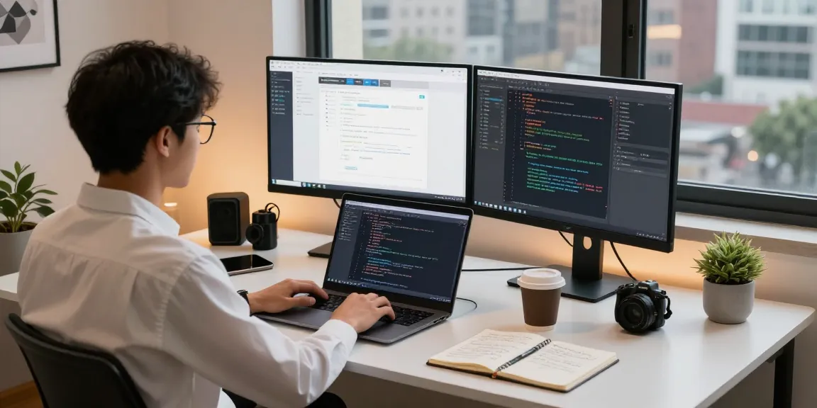 Developer in a modern workspace focusing on Telegram Download, with code on screens and tech gadgets.
