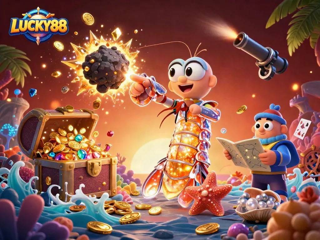Experience the excitement of LUCKY88 as the galactic samurai mantis shrimp unleashes treasure in an epic underwater game scene.