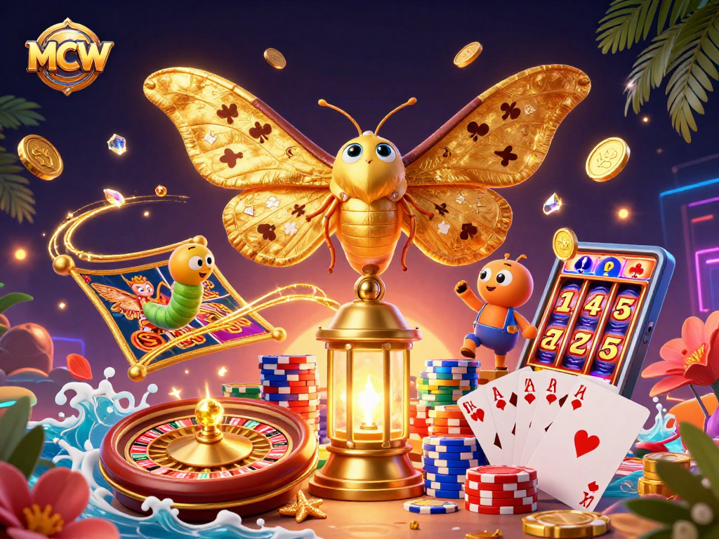 Experience thrilling wins with MCW in a vibrant casino scene filled with golden coins and spinning roulette wheels.