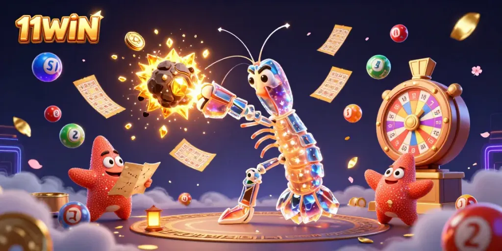 Experience thrilling gaming action with 11WIN in an explosive galactic casino scene filled with vibrant prizes.