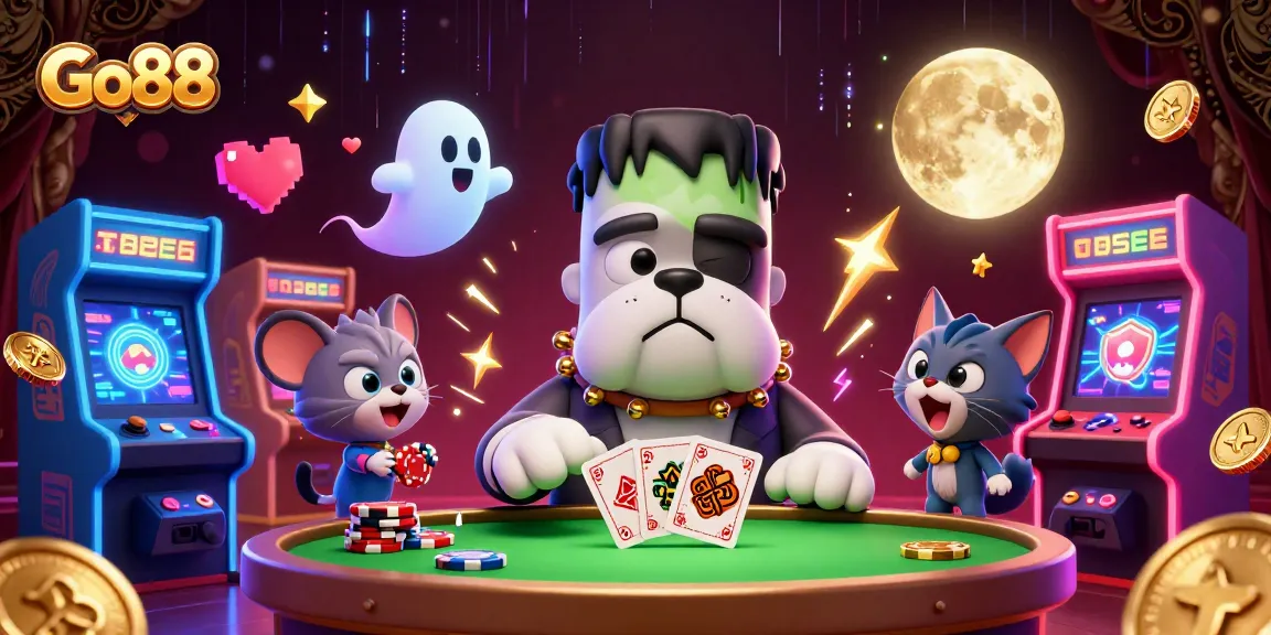 Engage with Go88's thrilling atmosphere at a spooky casino table, navigating through vibrant visual elements.