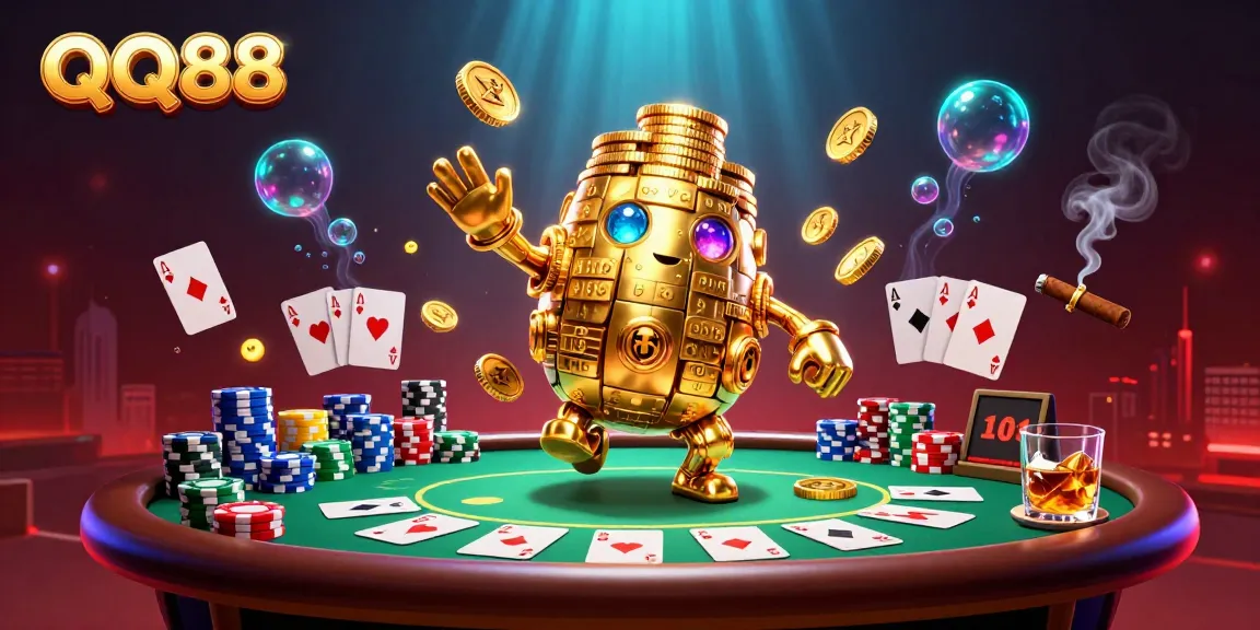 Experience thrilling gaming with QQ88's vibrant casino scene featuring gold golems and poker elements.