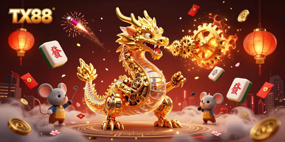 Engage with TX88's thrilling gaming experience featuring a golden dragon and festive elements.