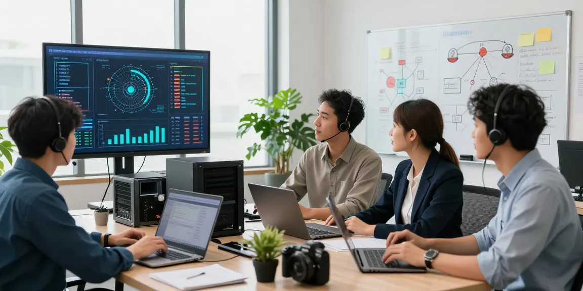 IT support services for small business team collaborating in modern office, showcasing technology and teamwork.