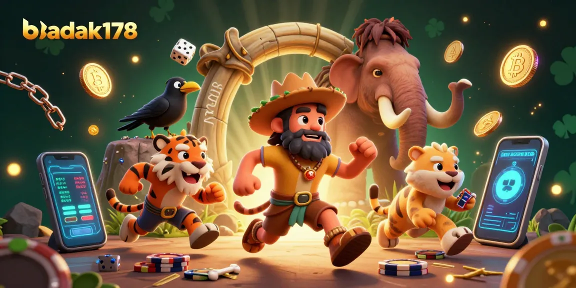 Play games with badak178 in a dynamic casino scene featuring iconic prehistoric characters and crypto elements.