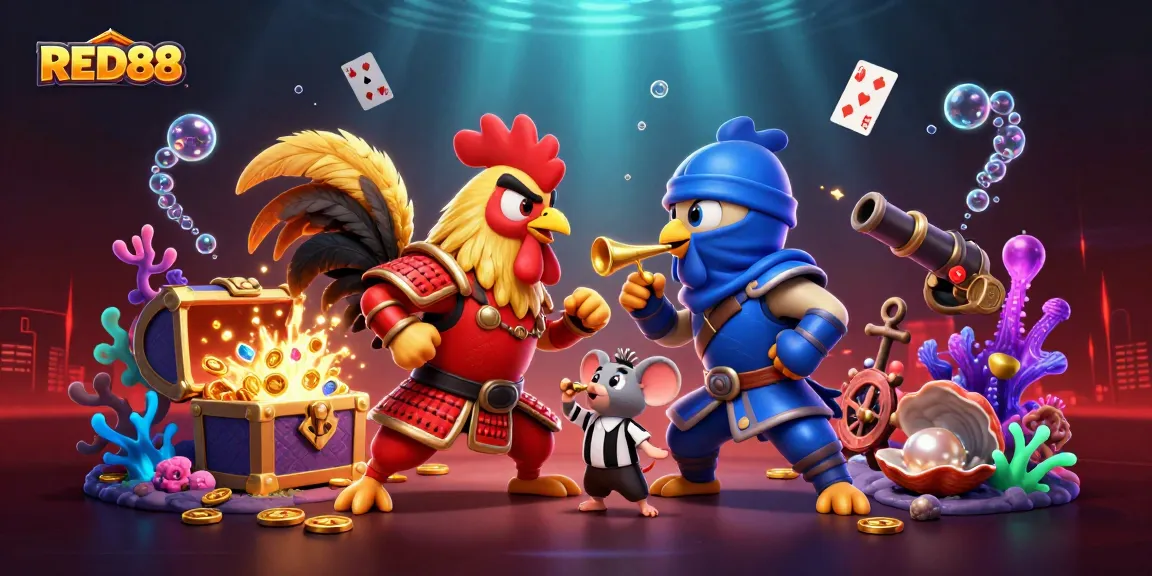 Engage with the RED88 gaming scene featuring a dynamic battle of roosters in a colorful, casino-style showdown.
