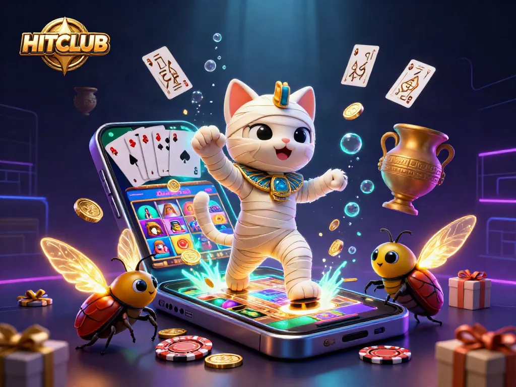 Join the excitement at HITCLUB as a cartoon Egyptian mummy cat bursts from its sarcophagus amidst a vibrant casino.