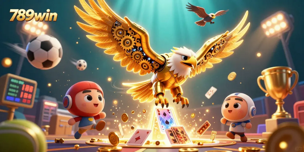 Experience thrilling gameplay at 789win with a dynamic 3D illustration featuring a cybernetic eagle and sports elements.