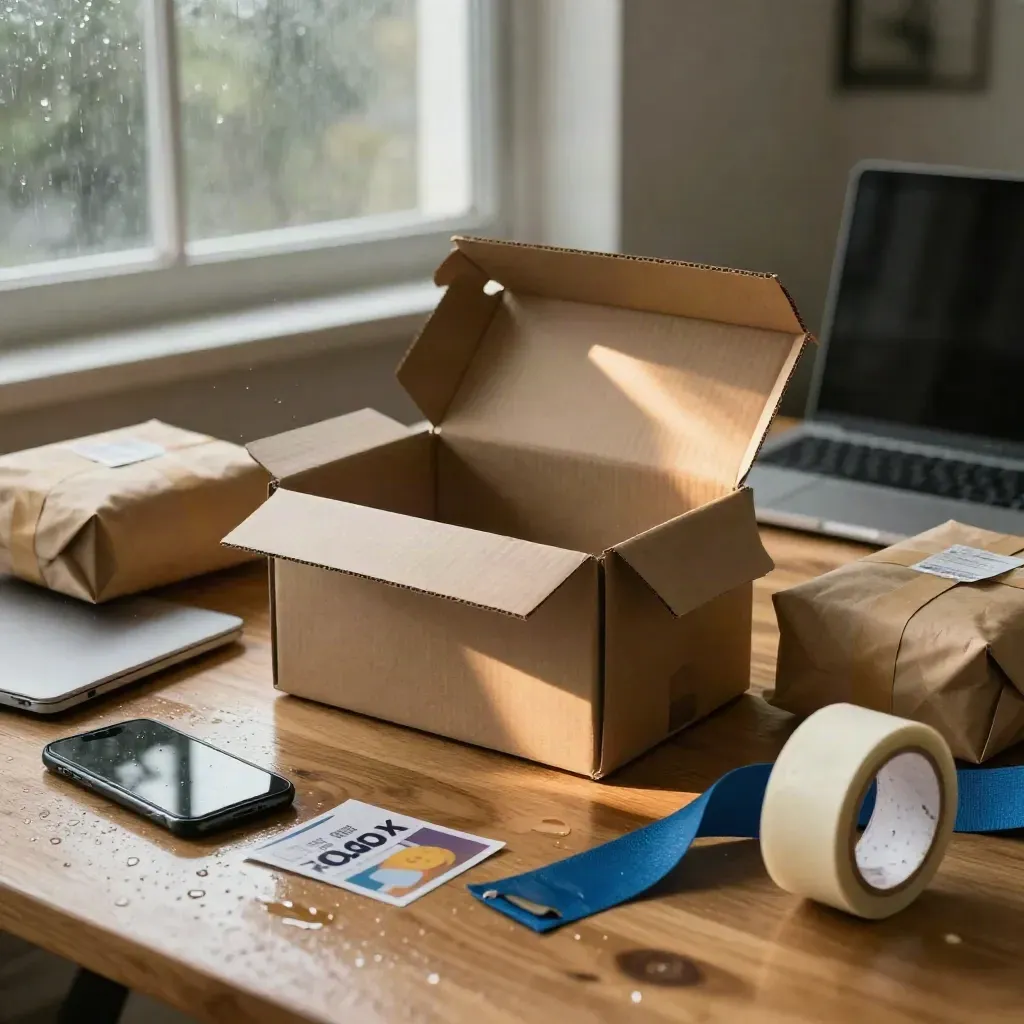 Scatola e-commerce aperta con pacchi kraft, laptop, telefono e luce del mattino dopo la pioggia.