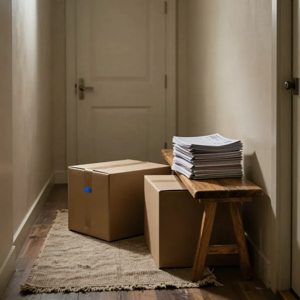 Corridoio d’ingresso con scatole di spedizione, tappeto in lino e banco in legno, luce drammatica.