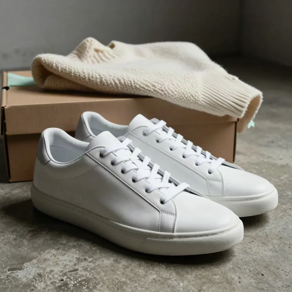 Sneakers bianche, maglione piegato e scatola scarpe su pavimento in cemento, luce drammatica.