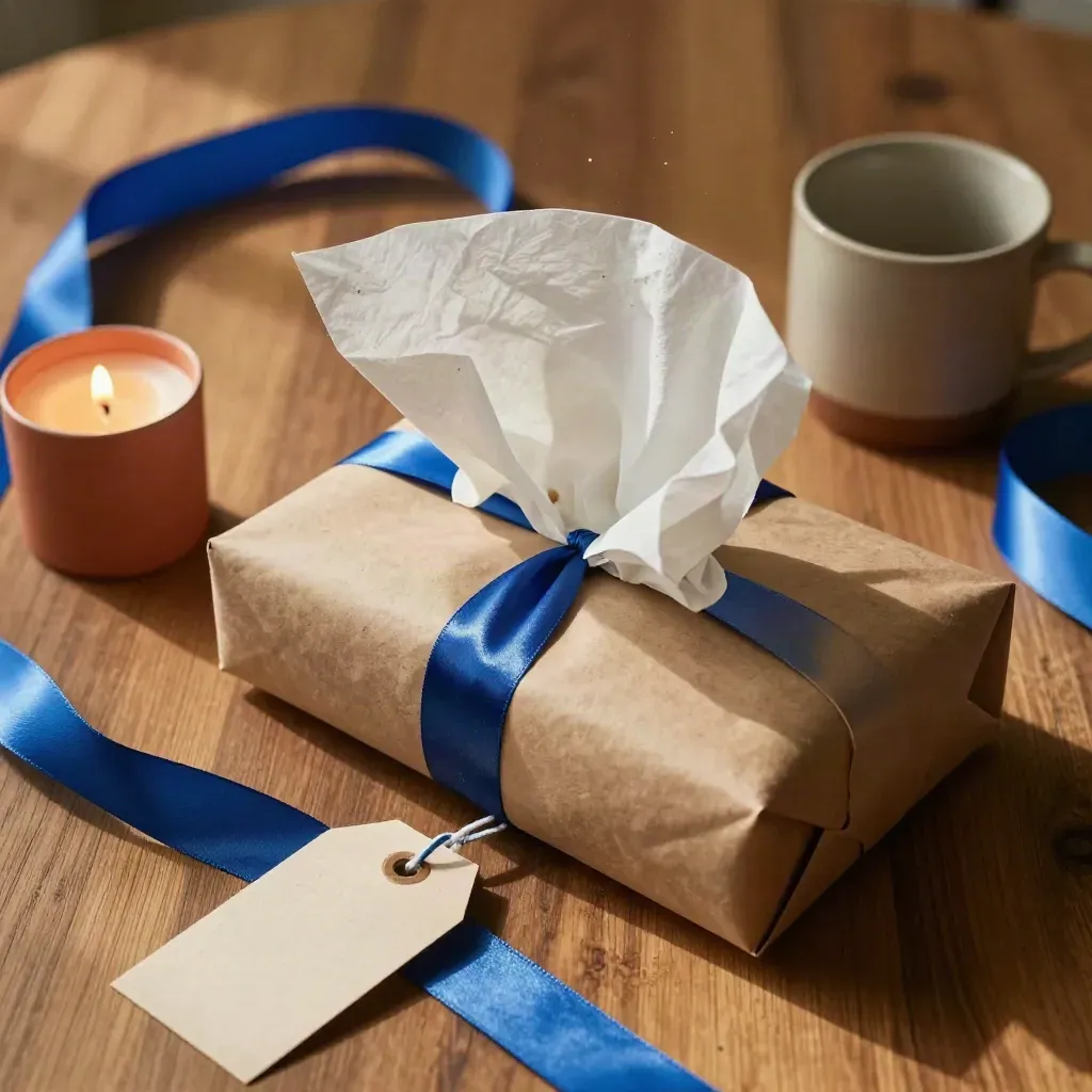 Materiali regalo economico su tavolo in rovere: carta velina, nastro, candela e tazza, in luce mattutina.