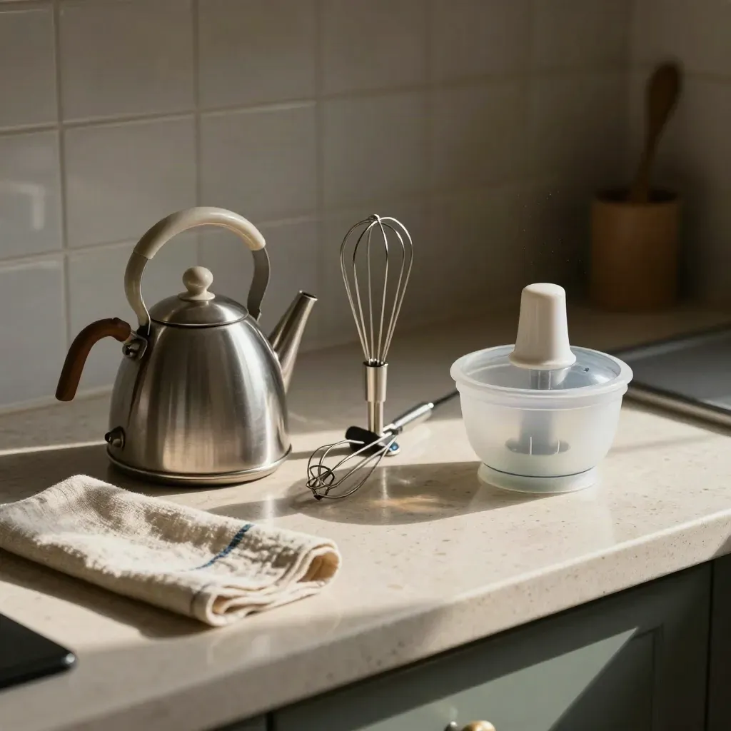 Mini elettrodomestici da cucina su travertino chiaro con canovaccio, luce calda dall’alto a sinistra.