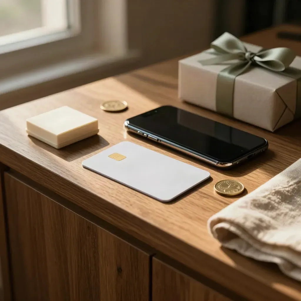 Carta opaca, telefono spento, blocco notes chiuso, moneta e regalo neutro su console in luce calda.