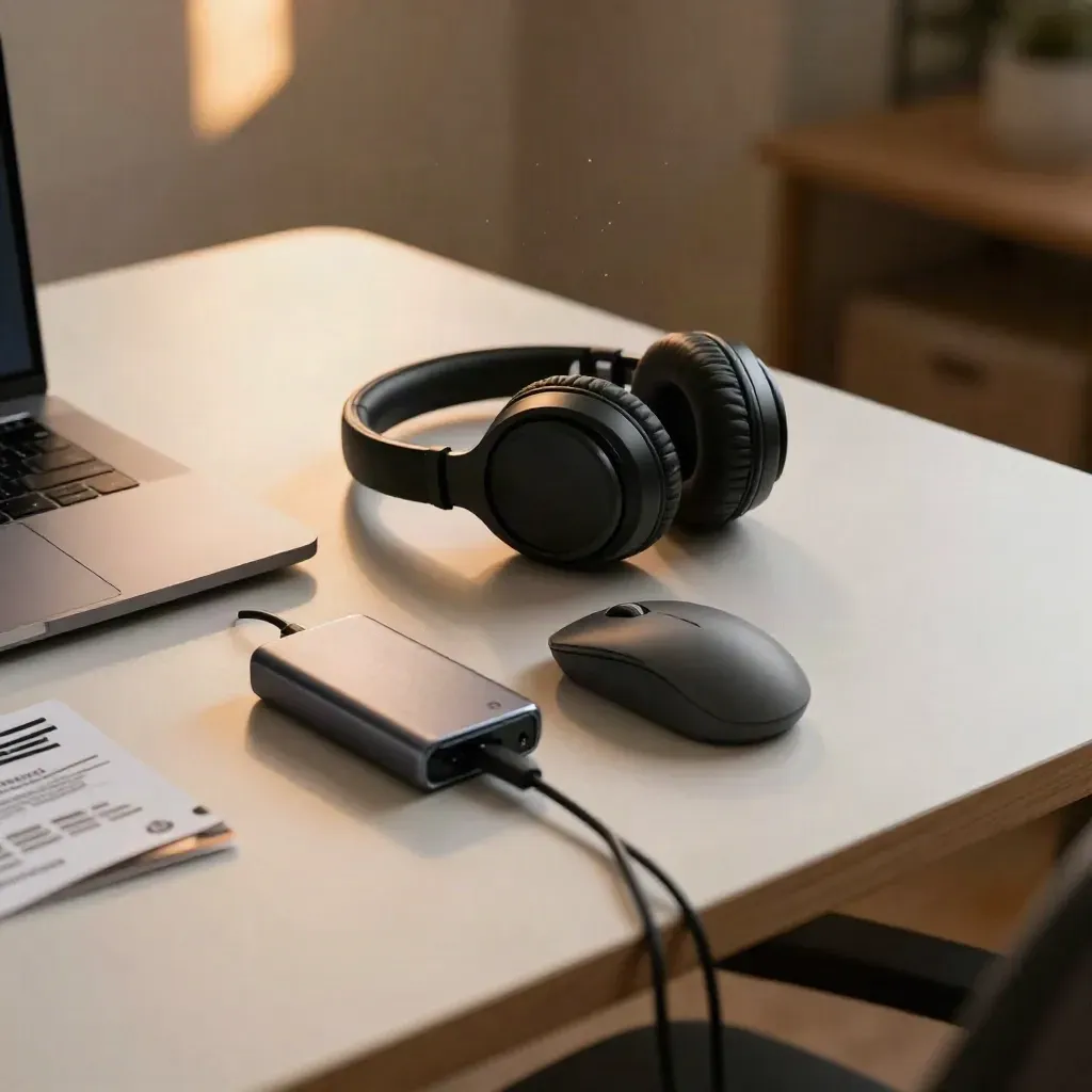 Laptop chiuso, cuffie, mouse e hub di ricarica su scrivania in frassino, luce calda laterale.