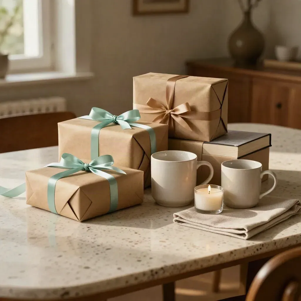 Pacchi regalo neutri su tavolo in travertino con nastro di carta e piccoli doni.