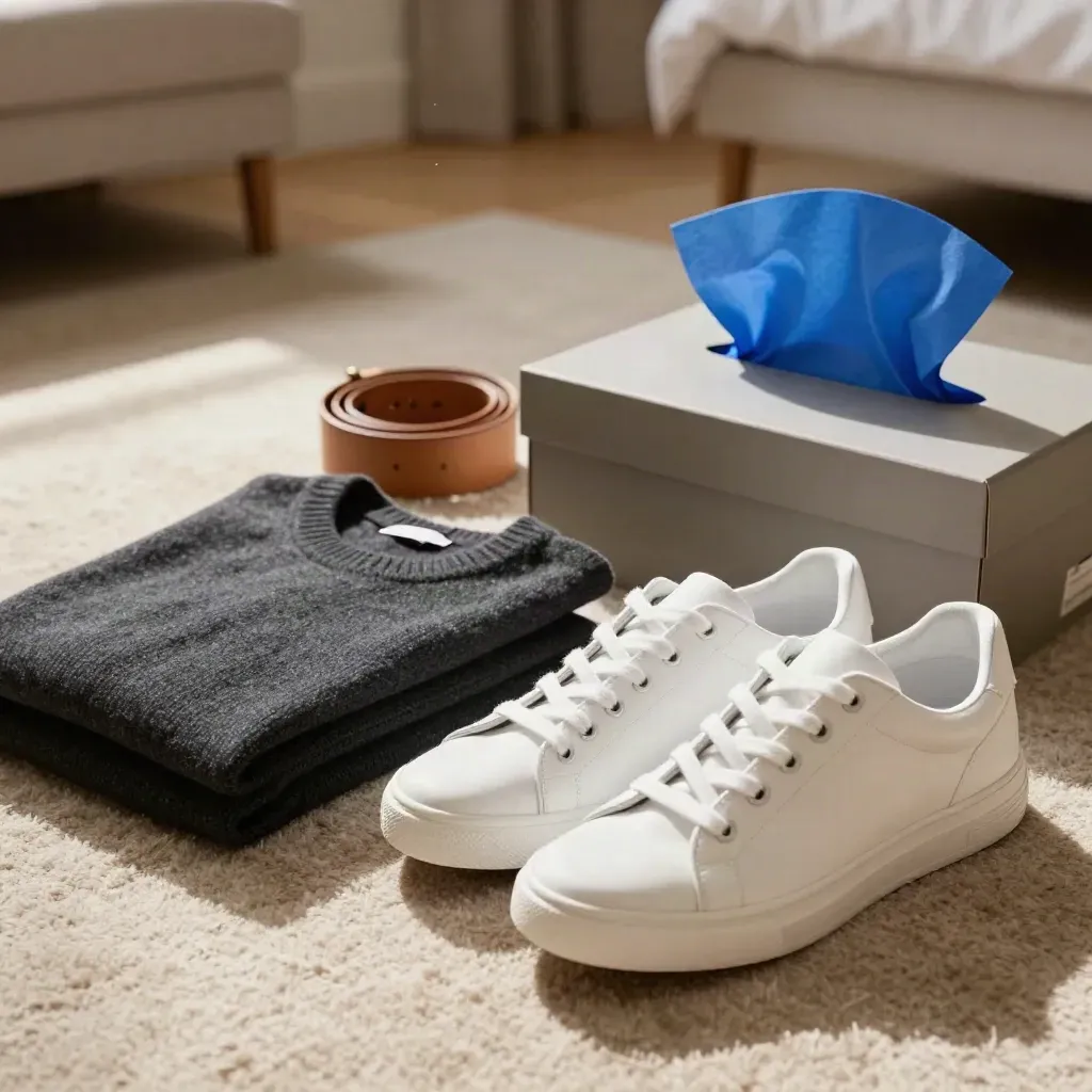Scarpe bianche, maglia piegata, cintura arrotolata e scatola su moquette chiara