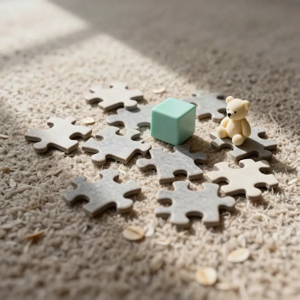 Giochi da tavolo, pezzi di puzzle, cubo e peluche su tappeto, luce morbida di finestra.