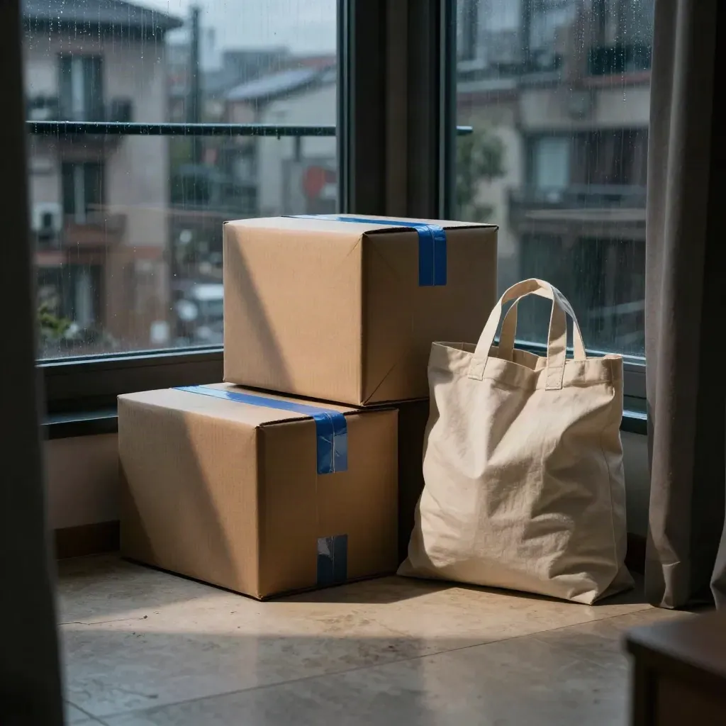 Pacchi e borsa shopper in un angolo milanese, con facciate urbane fuori dalla finestra.