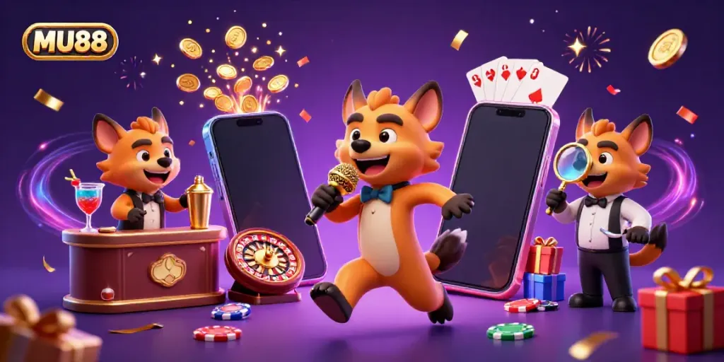 Experience the fun at MU88 with hyenas running a comedy casino club, laughing and celebrating.