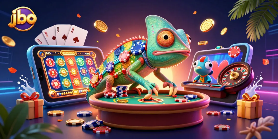 Experience thrilling gameplay with jbo's vibrant casino atmosphere featuring a colorful chameleon and golden coins.