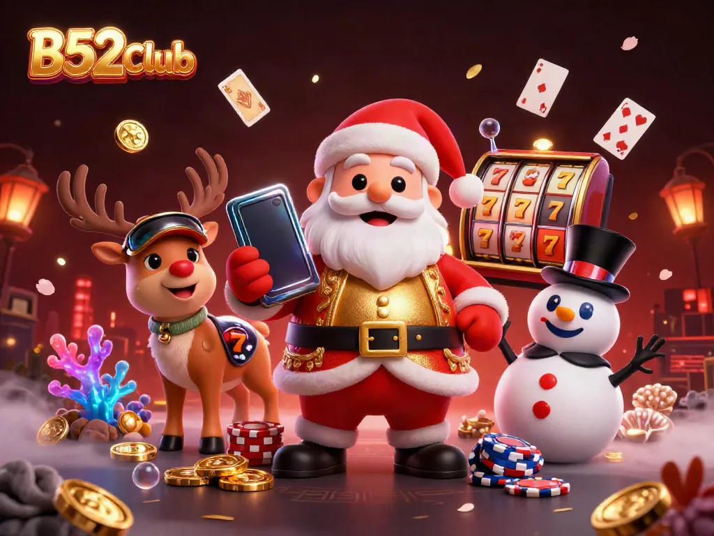 Engage with B52CLub's vibrant casino scene featuring festive characters and jackpot slots.