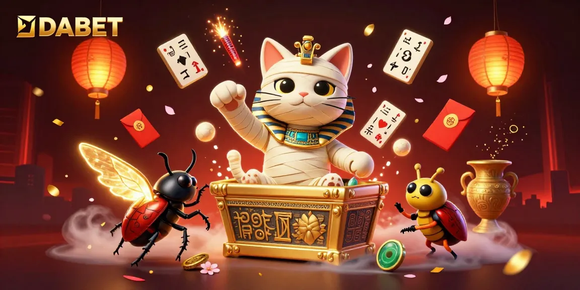 DABET thrills players with a vibrant 3D casino scene featuring mummy cat and scarab beetle.