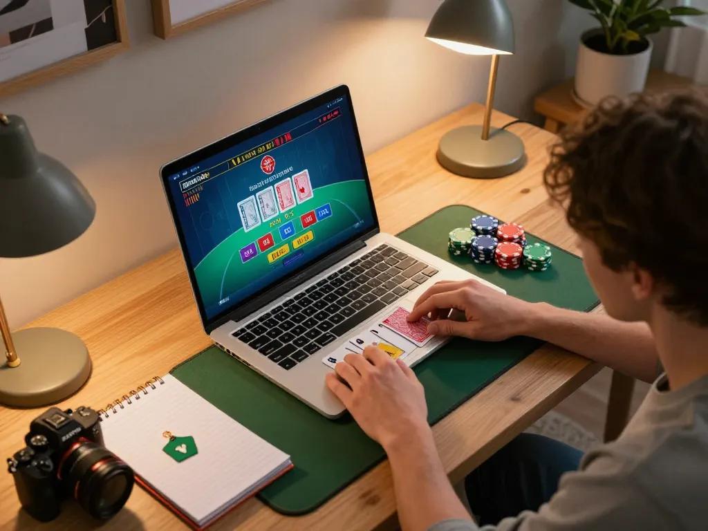 Person engaging with jun88 blackjack game on laptop, showcasing strategic gameplay and modern home office
