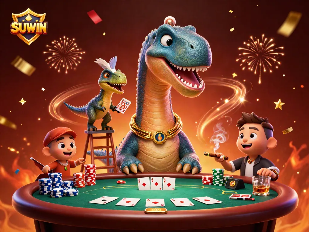 Join the excitement at SUWIN casino with a tall brontosaurus dealing cards at a vibrant poker table.