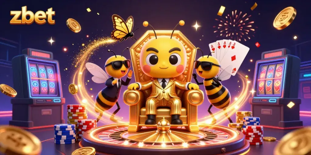 ZBET's bumblebee mob boss leads a dynamic casino scene filled with vibrant games and golden rewards
