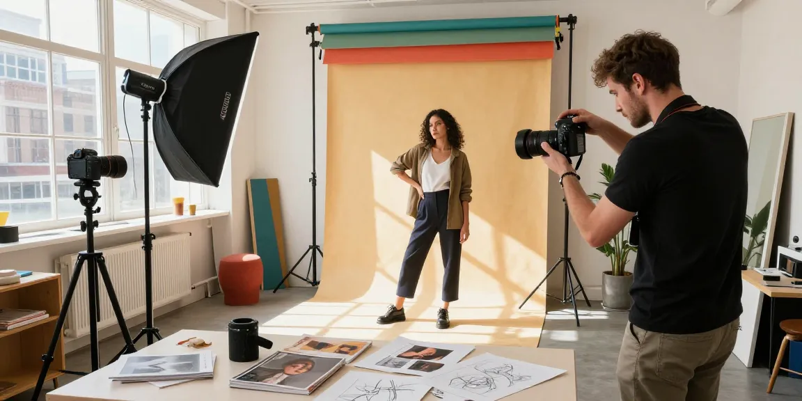 Studio fotografico Milano che mostra un servizio fotografico dinamico con un fotografo professionista e un modello in un vivace contesto urbano.