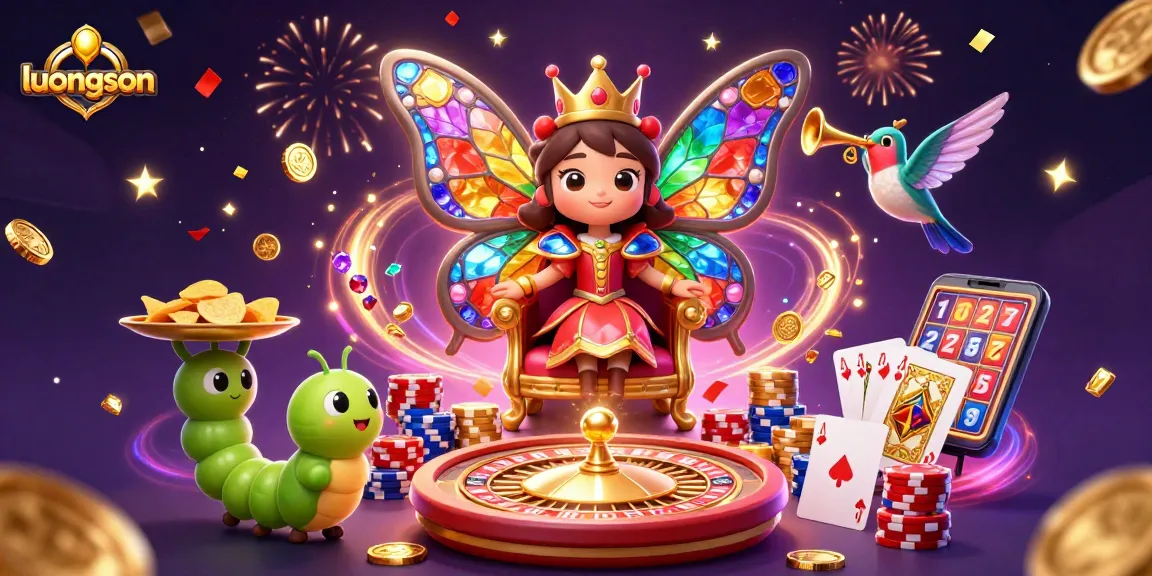 Experience the excitement of luongson with a vibrant 3D casino scene featuring a cartoon butterfly queen and lavish gambling elements.