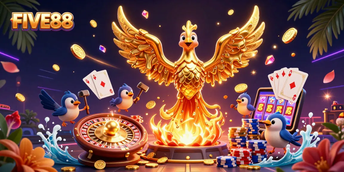 Experience the thrill at FIVE88 with a vibrant 3D illustration of a molten phoenix and golden casino elements.