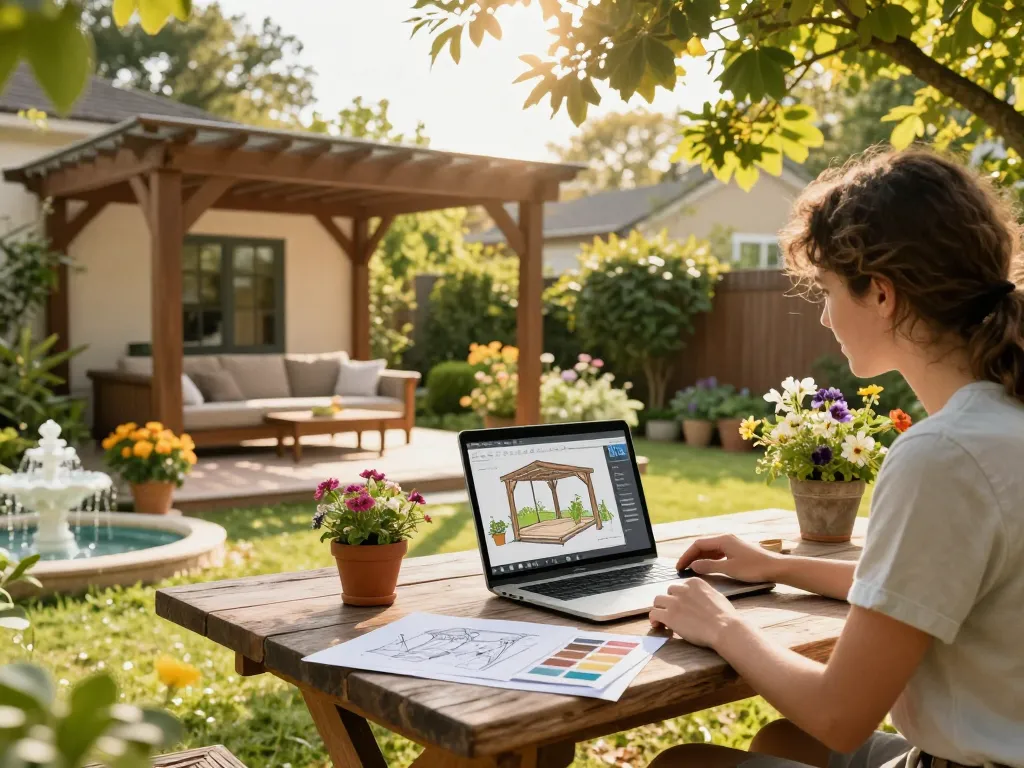 Creating a configuratore 3D per pergole in a serene garden, showcasing a personalized outdoor living space.