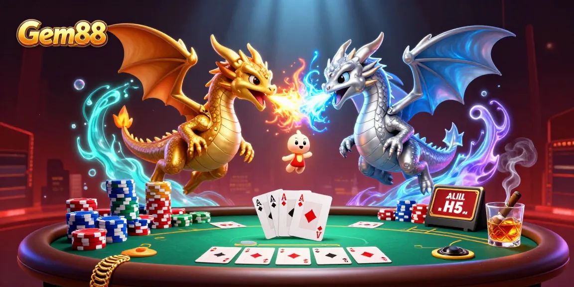 Experience Gem88 with spirited dragons amidst dynamic poker elements in this vibrant 3D illustration.