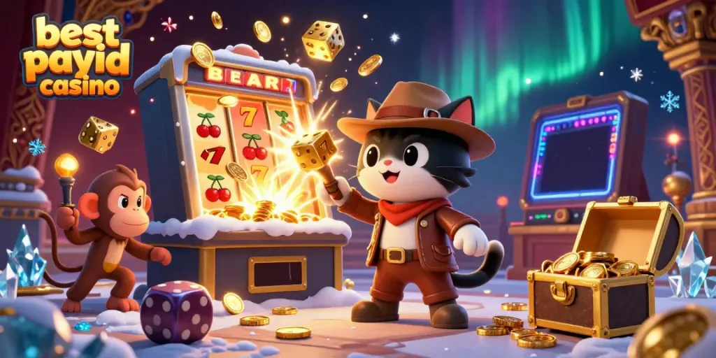 Experience the best payid casino with a dynamic scene of an archaeologist cat and monkey discovering casino treasures.
