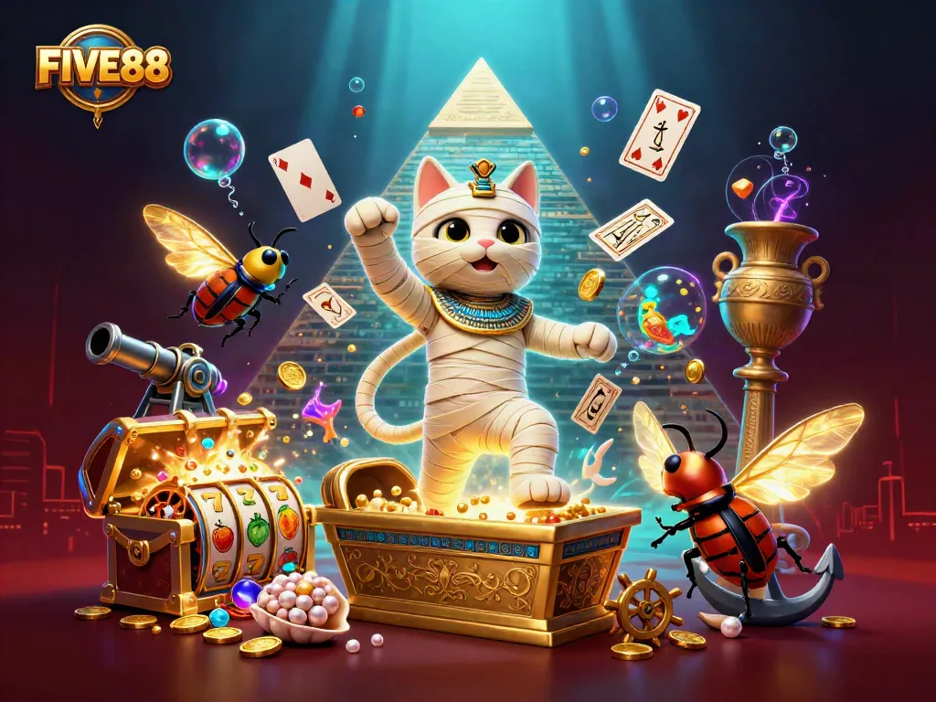 Experience thrilling gaming with FIVE88 in this vibrant casino adventure illustration filled with dynamic elements.