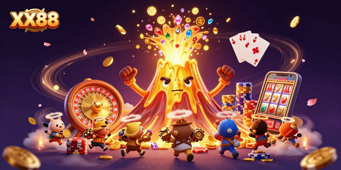 Experience winning thrills at XX88 with a stunning 3D cartoon casino scene featuring a treasure-filled volcano.