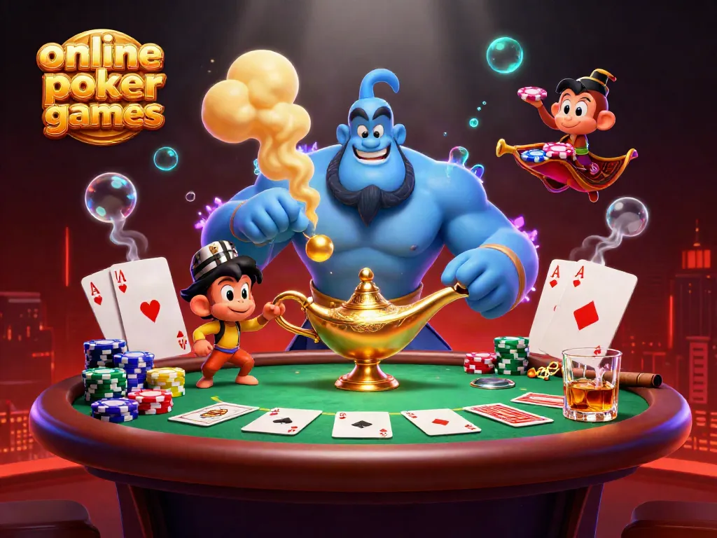 Engage in online poker games with a dynamic scene featuring a blue genie, poker chips, and vibrant casino elements.
