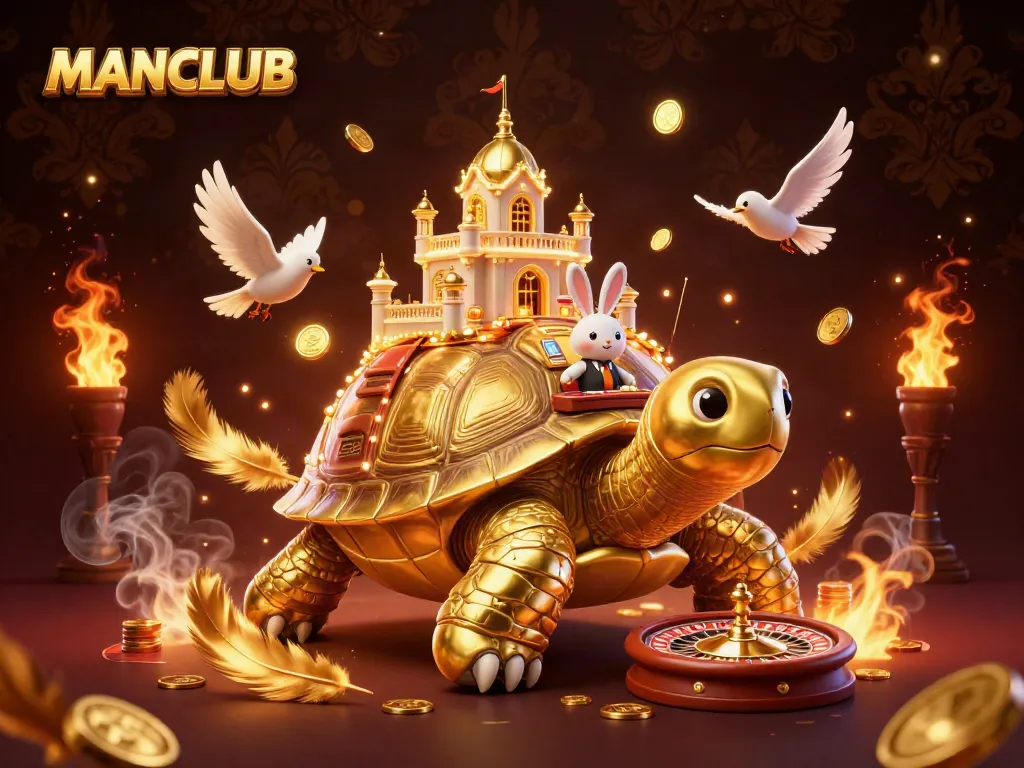 Experience the excitement of MANCLUB with a rabbit dealer at a lavish casino on a golden tortoise.