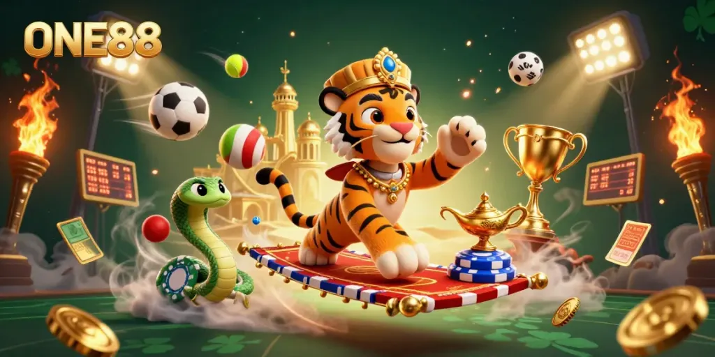 Experience the thrill of ONE88 with a vibrant 3D scene bursting with dynamic sports elements.