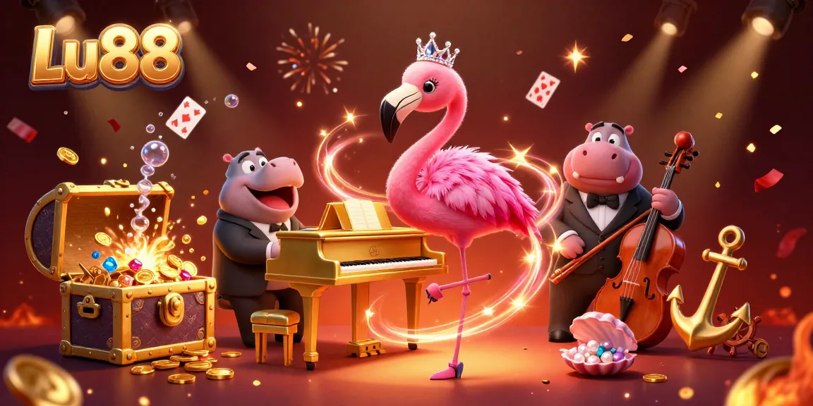 Experience the excitement of Lu88 with a vibrant casino scene featuring a flamingo singer and hippo bassist.
