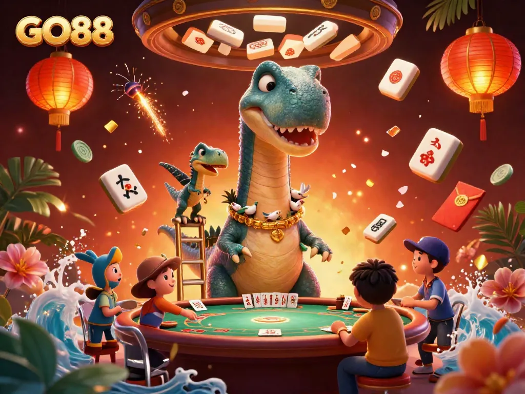 GO88 casino illustration showcasing a towering brontosaurus and raptor in dynamic gaming scene.