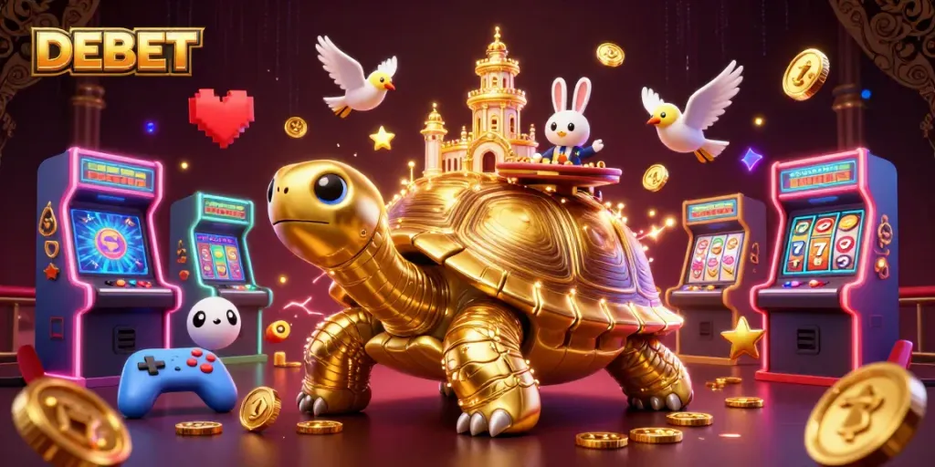 Experience the thrill with DEBET's vibrant casino illustration featuring a golden tortoise and games.