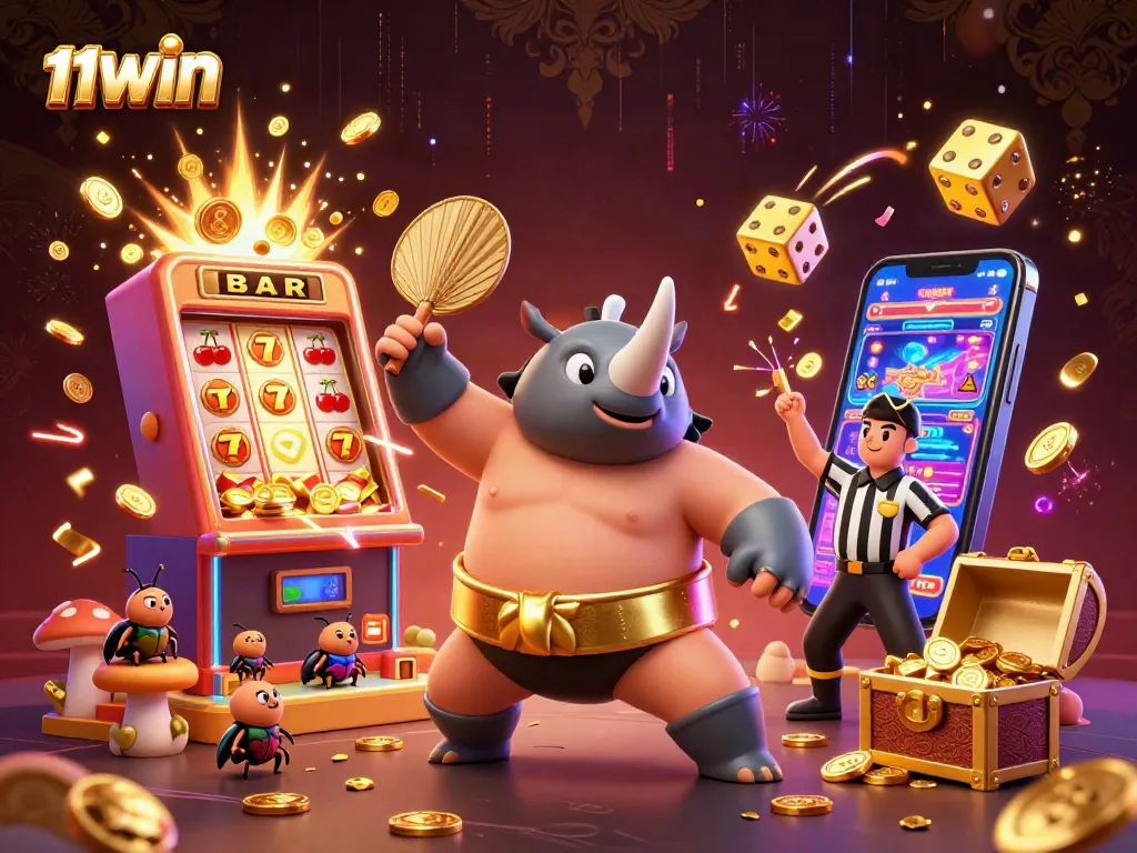 Experience the excitement of 11WIN with a dynamic scene featuring a beetle champion and casino elements.