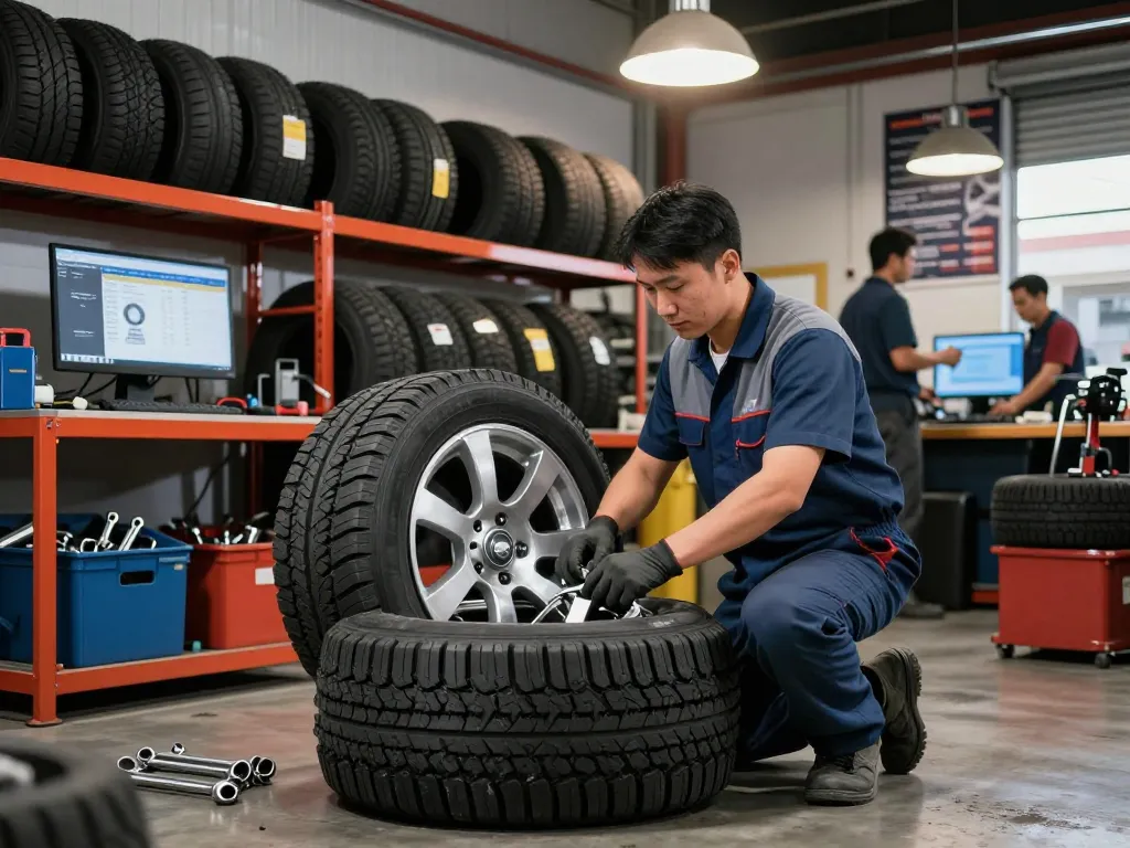 Mechanic repairing Double Coin RR99 tire in busy garage with tools and tire inventory.
