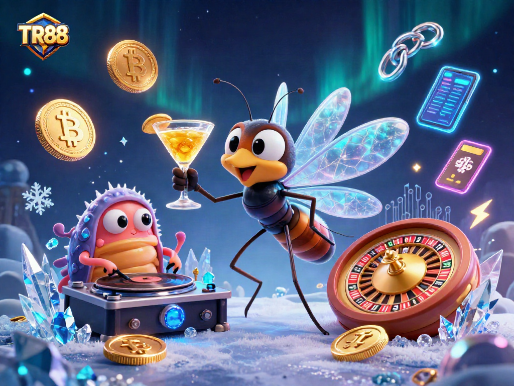 Experience TR88 through a vibrant illustration showcasing a unique casino mascot and dynamic crypto elements.