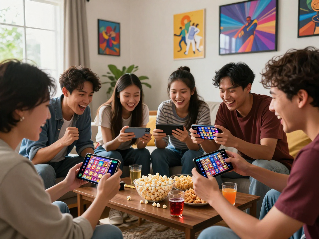 Friends enjoying slot88 games on smartphone in a vibrant living room.