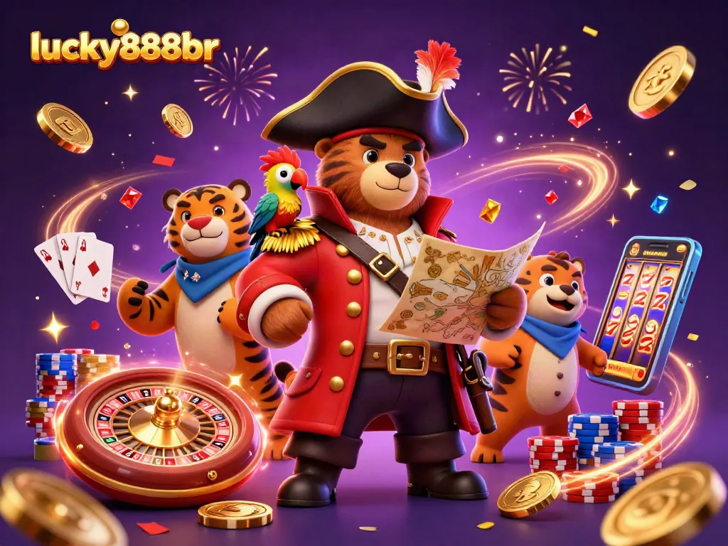 Spin to win at lucky888br, showcasing a vibrant 3D cartoon casino adventure scene.
